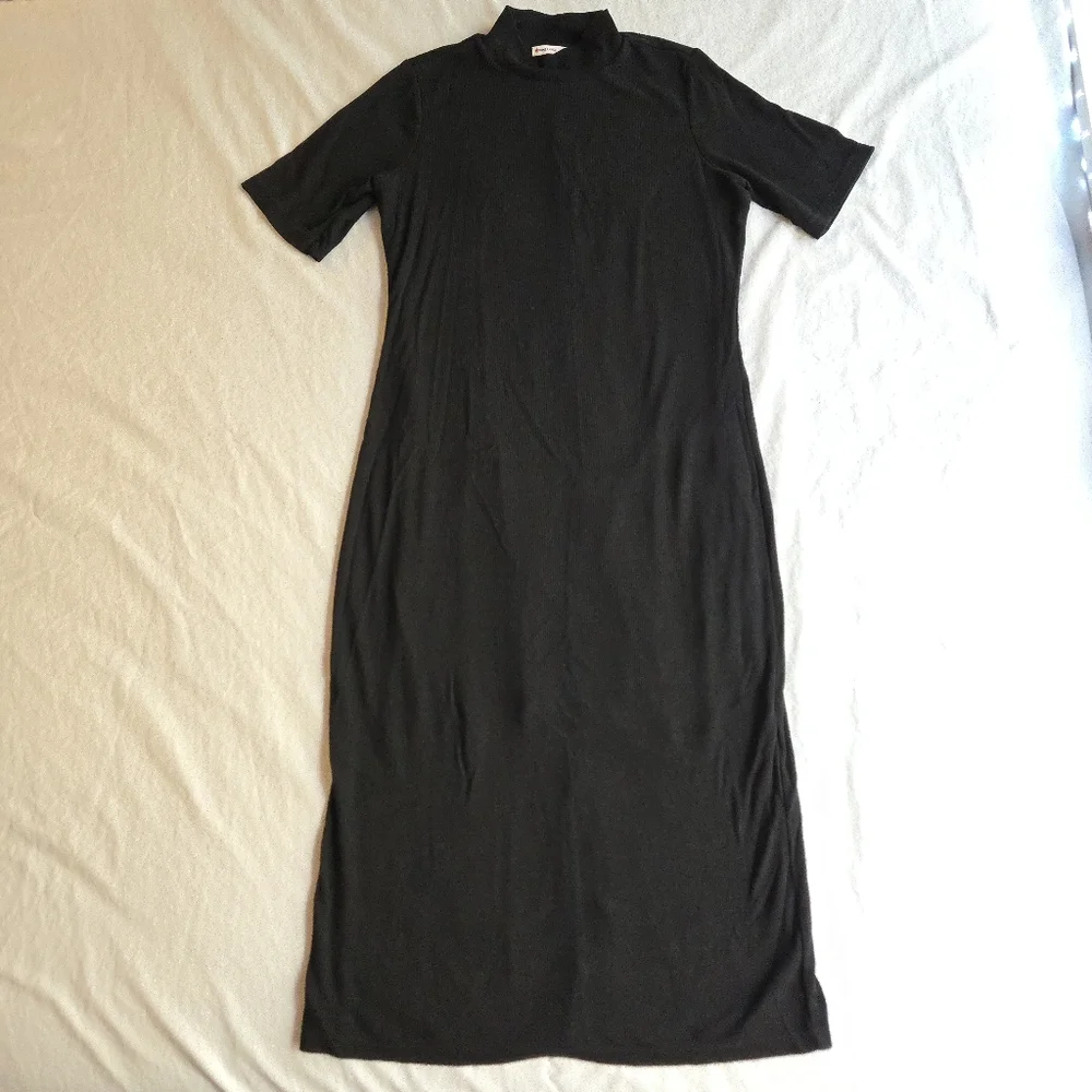 Marine Layer Black Lexi Rib Mock Neck Midi Dress Tencel Short Sleeve Fall - Picture 2 of 13